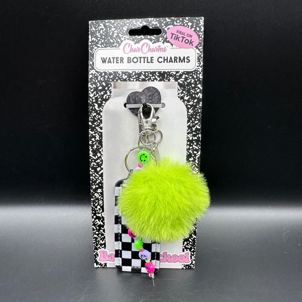 CharCharms Water Bottle Charm Set Green Pom Pom Checkered Holder Smiley Beads